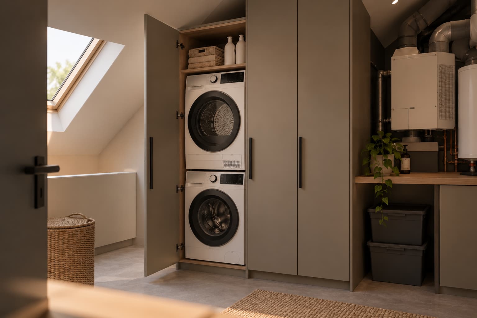 Wasmachine en drogerkast op zolder. Maatwerk